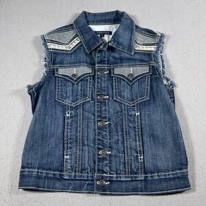 Vigoss‎ Jeans Denim Vest Women M Distressed Western Metallic Dark Wash Y2K